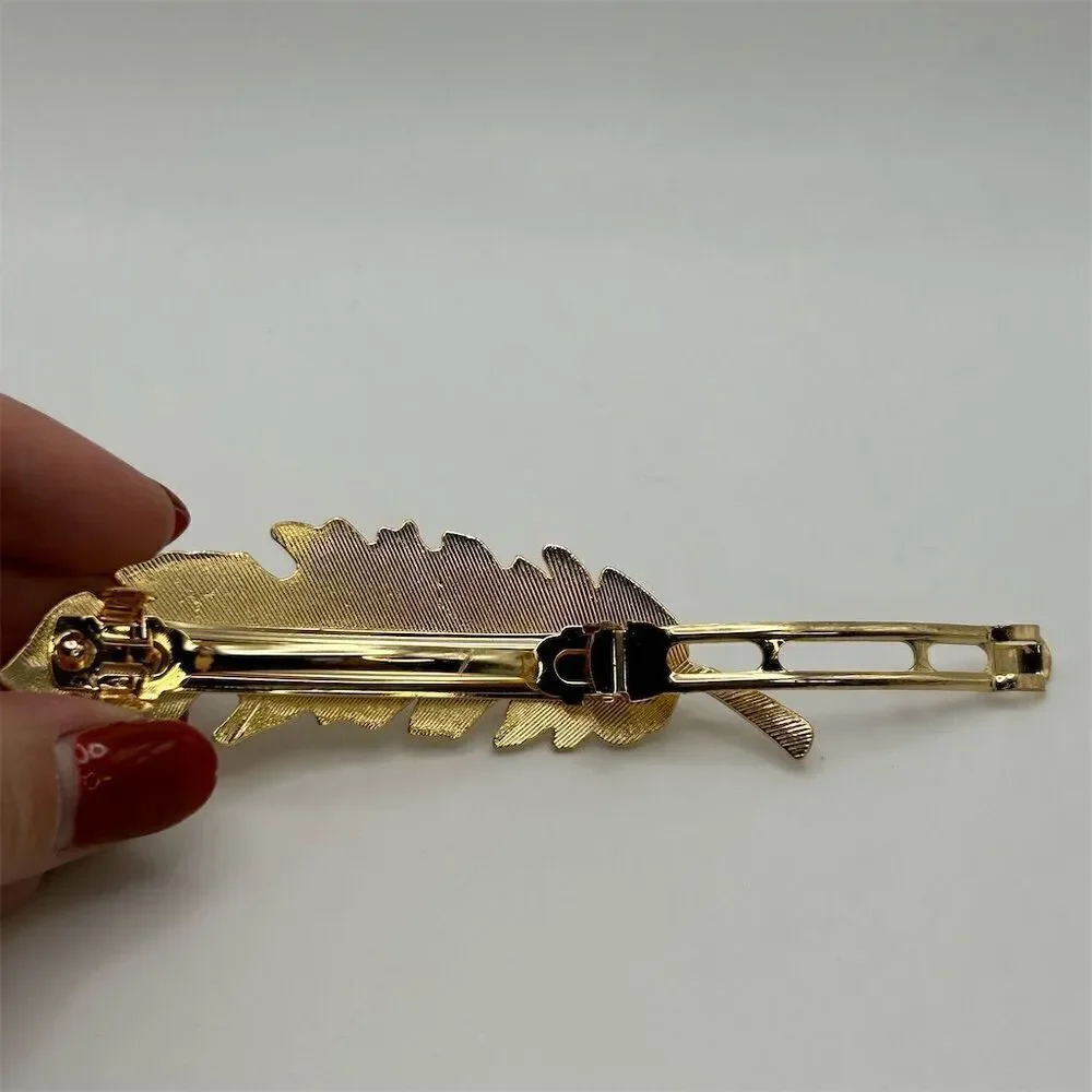 Gold Tone Leaf Feather Hair Barrette Clip Lightweight Classic Chic Boho Fall
